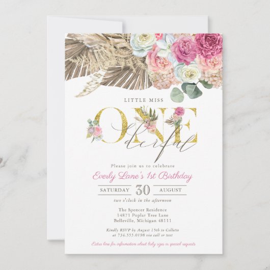 Boho Little Miss ONEderful Floral 1st Birthday Kaart (Voorkant)