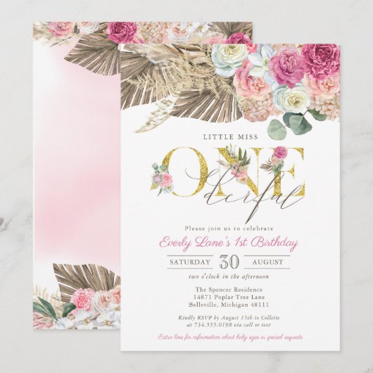 Boho Little Miss ONEderful Floral 1st Birthday Kaart (Voorkant / Achterkant)