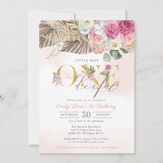 Boho Little Miss ONEderful Floral First Birthday Kaart (Voorkant)