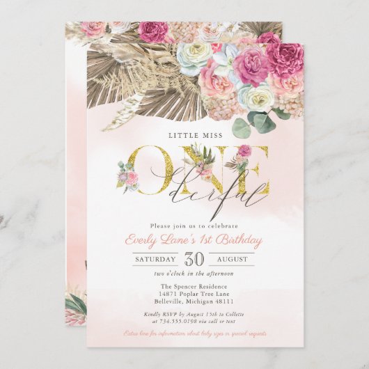 Boho Little Miss ONEderful Floral First Birthday Kaart (Voorkant / Achterkant)