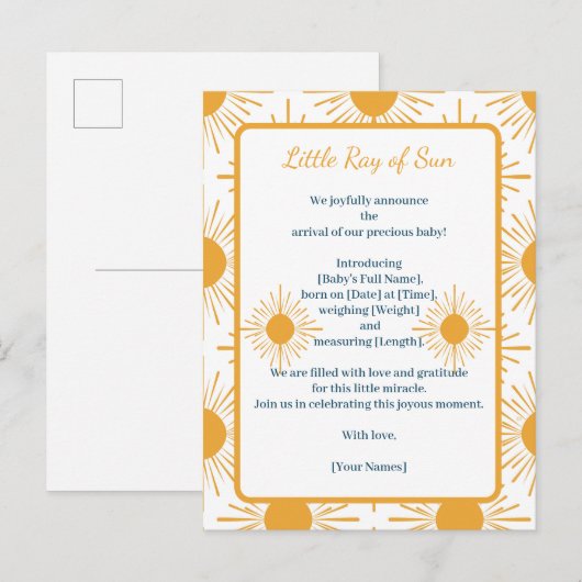Boho Little Ray of Sun Geboorte Aankondiging (Voorkant / Achterkant)