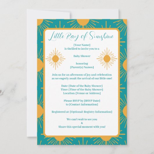 Boho Little Ray of Sunshine Turquoise Baby shower Kaart (Voorkant)