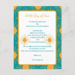 Boho Little Ray Sun Turquoise Geboorte Aankondigin Aankondigingskaart