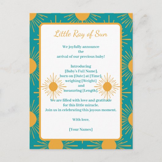 Boho Little Ray Sun Turquoise Geboorte Aankondigin Aankondigingskaart (Voorkant)