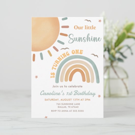 Boho Little Sunshine 1e verjaardagsfeestje Kaart (Staand voorkant)