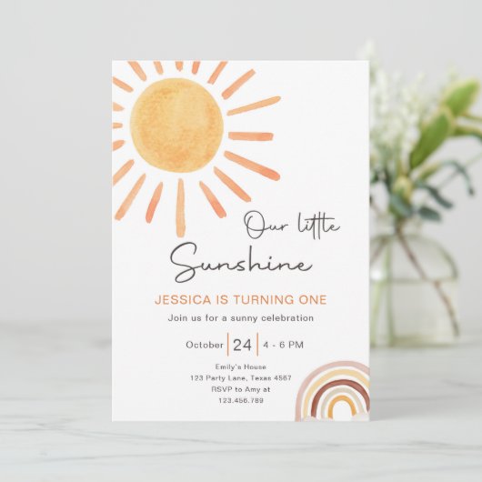 Boho Little Sunshine 1st Birthday Invitation Sun Kaart (Staand voorkant)