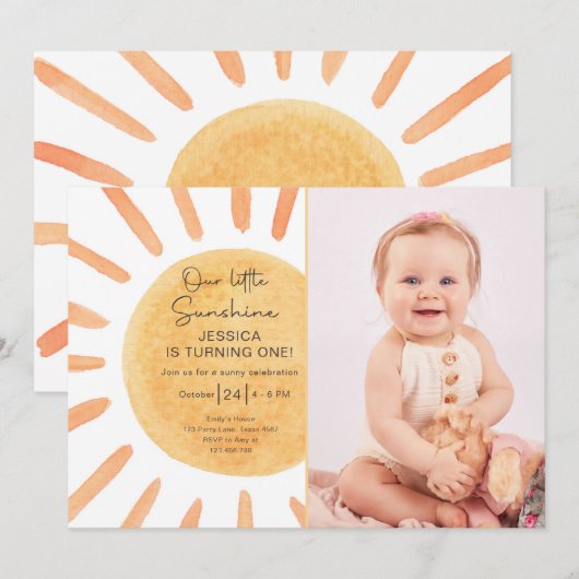 Boho Little Sunshine 1st Birthday Invite Sun Kaart (Voorkant / Achterkant)