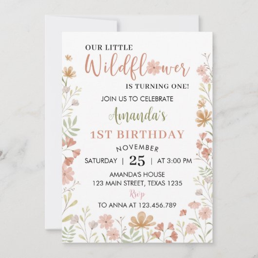 Boho Little Wildflower 1e verjaardag uitnodiging (Voorkant)