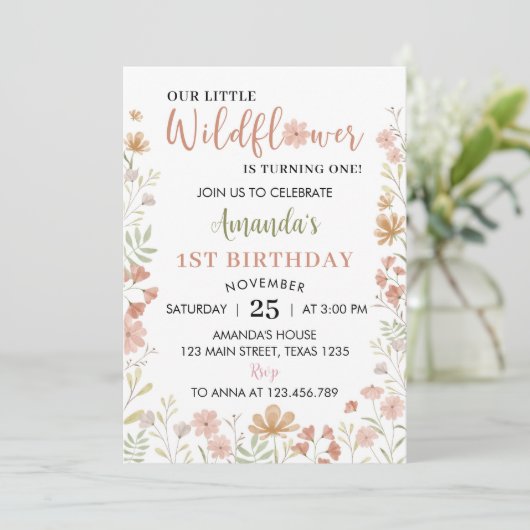 Boho Little Wildflower 1e verjaardag uitnodiging (Staand voorkant)
