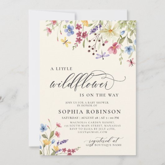 Boho Little Wildflower Script Beige Baby shower Kaart (Voorkant)