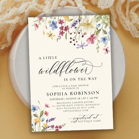 Boho Little Wildflower Script Beige Baby shower Kaart