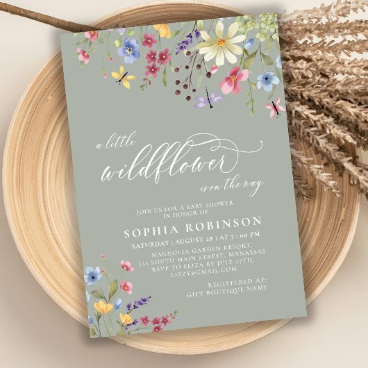 Boho Little Wildflower Script Groen Baby shower Kaart