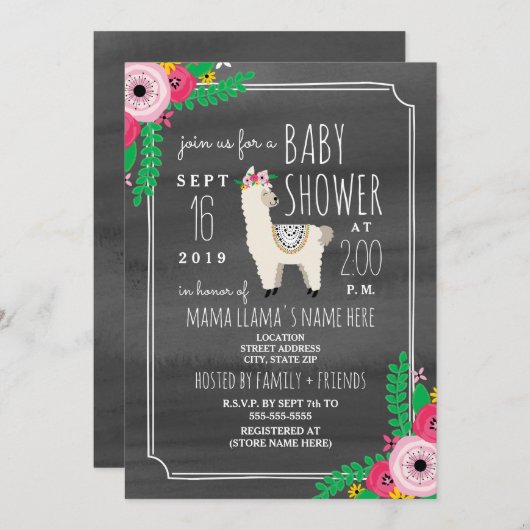Boho Llama Dark Grey Waterverf Baby shower Invite Kaart (Voorkant / Achterkant)
