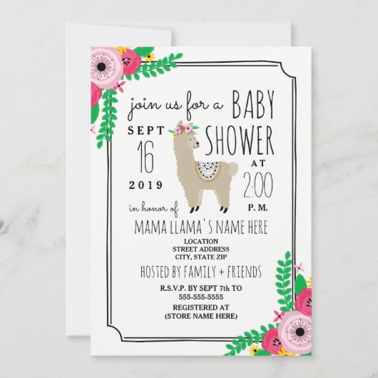 Boho Llama Floral Baby shower Uitnodigen Kaart (Voorkant)