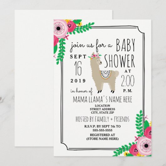 Boho Llama Floral Baby shower Uitnodigen Kaart (Voorkant / Achterkant)