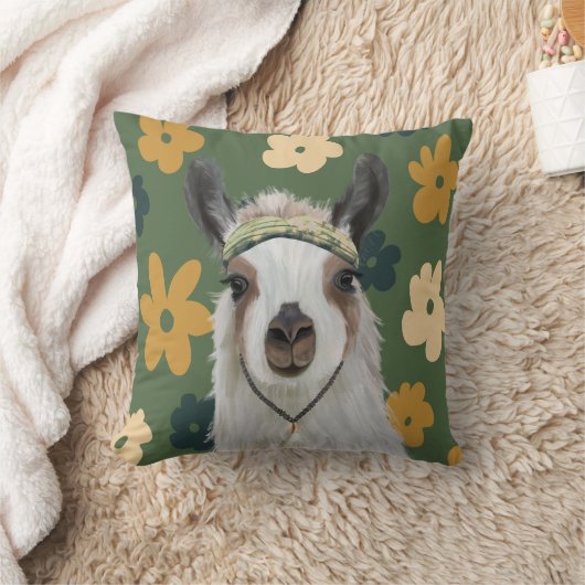 Boho Llama Green Retro Flowers Kussen (Deken)