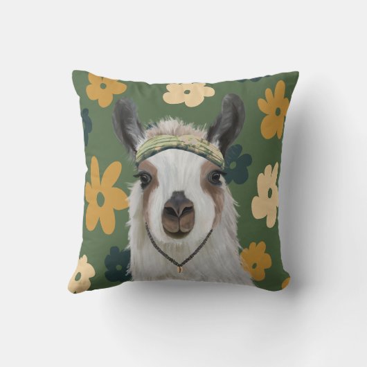 Boho Llama Green Retro Flowers Kussen (Achterkant)