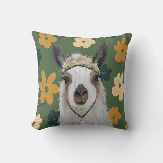 Boho Llama Green Retro Flowers Kussen (Voorkant)