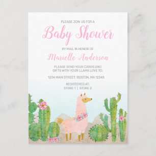 Boho Llama Roze Waterverf Baby shower per post Briefkaart