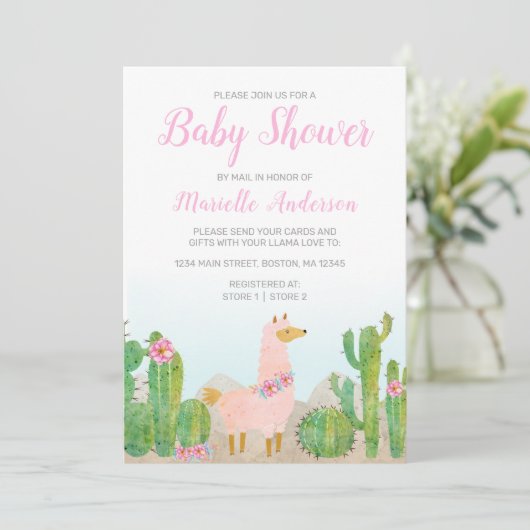 Boho Llama Roze Waterverf Baby shower per post Kaart (Staand voorkant)
