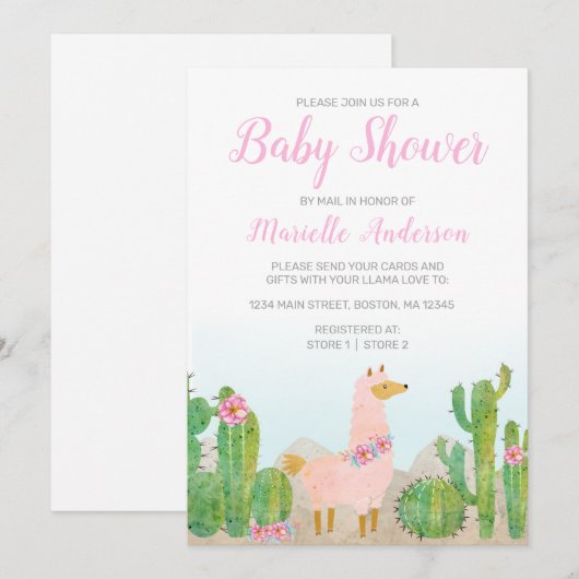 Boho Llama Roze Waterverf Baby shower per post Kaart (Voorkant / Achterkant)
