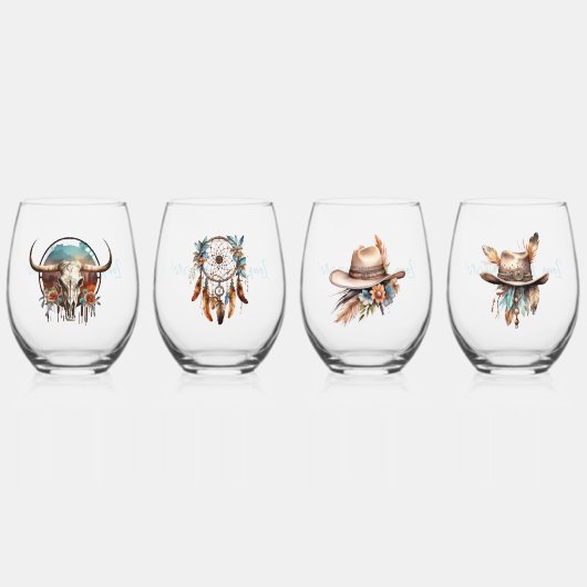Boho Long Live Cowgirls Stemless Wine Glasses (4) Wijnglas Zonder Voet (Voorkant)