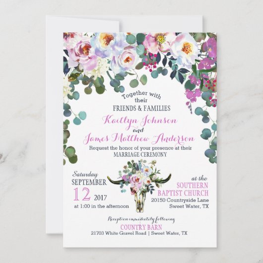 Boho Longhorn Koe Schedel Bloemen Huwelijksuitnodi Kaart (Voorkant)