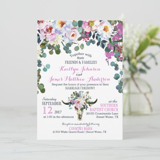 Boho Longhorn Koe Schedel Bloemen Huwelijksuitnodi Kaart (Staand voorkant)