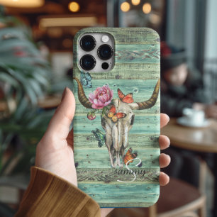 Boho Longhorn Schedel Bloemrijke Monogram iPhone 16 Pro Max Hoesje