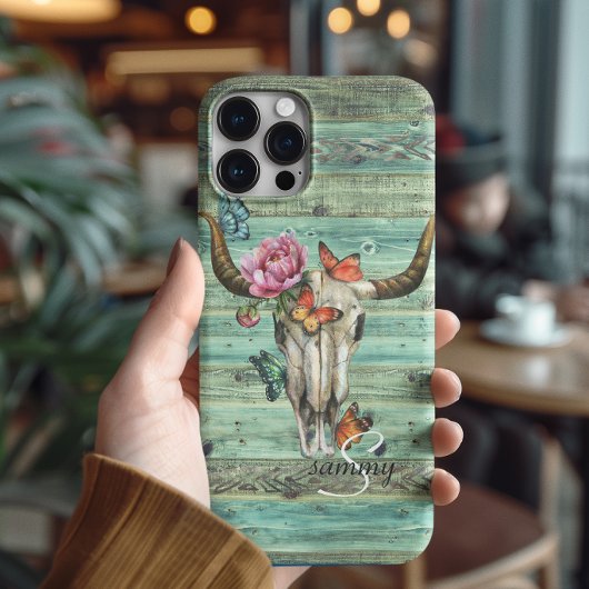 Boho Longhorn Schedel Bloemrijke Monogram Case-Mate iPhone Case