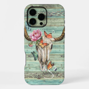 Boho Longhorn Schedel Bloemrijke Monogram iPhone 16 Pro Max Hoesje