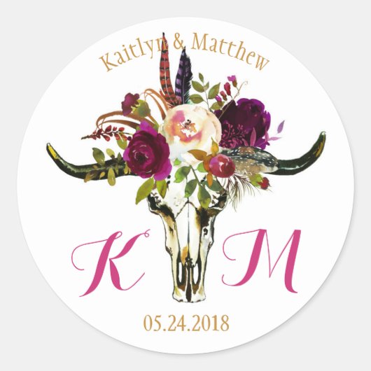 Boho Longhorn schedel Floral Modern Wedding Label (Voorkant)