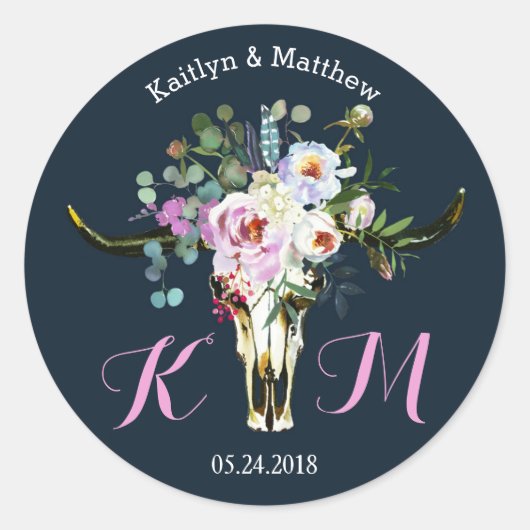 Boho Longhorn schedel Floral Modern Wedding Label (Voorkant)