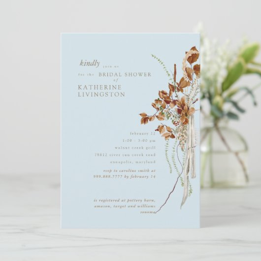 Boho Loofwerk Hemelblauwe Elegante Bruidsuitnodigi Kaart (Staand voorkant)