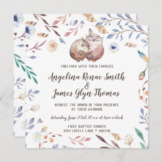 Boho Love Uilen Huwelijksuitnodiging Bloemen Kaart (Voorkant / Achterkant)