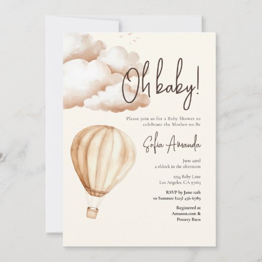Boho Luchtballon "Oh Baby" Baby shower Kaart (Voorkant)