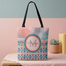 Boho luchtige turquoise, oranje en roze patroon tote bag