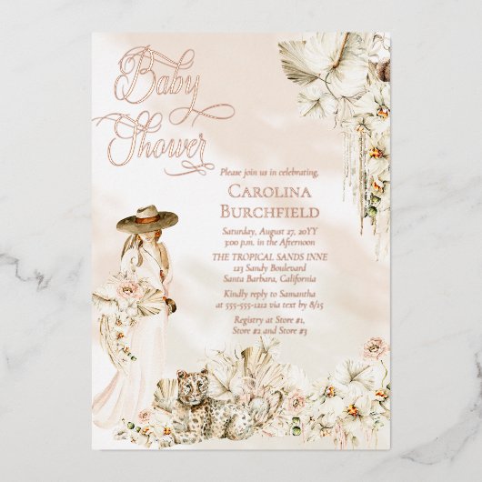 Boho Luipaard Dame Tropische Bloem Meisje Baby Sho Folie Uitnodiging (Voorkant)