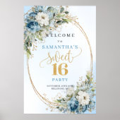 Boho Luxe Lichtblauw Bloemengoud Zoete 16-bordje Poster (Voorkant)