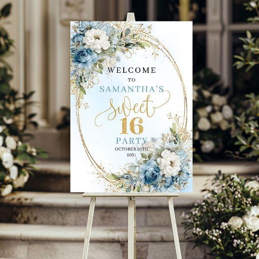 Boho Luxe Lichtblauw Bloemengoud Zoete 16-bordje Poster