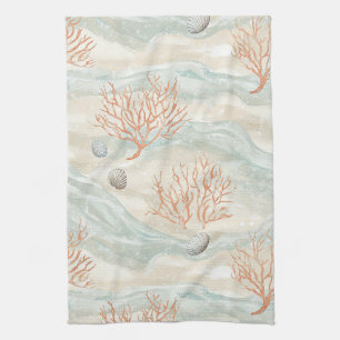Boho Luxe Watercolor Kust Koraal Patroon (3) Theedoek