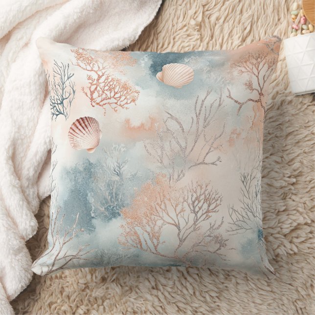 Boho Luxe Watercolor Kust Koraal Patroon (4) Kussen (Deken)