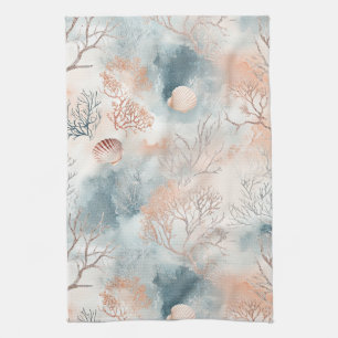 Boho Luxe Watercolor Kust Koraal Patroon (4) Theedoek