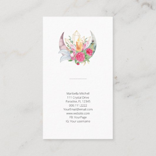 Boho Maan Kristallen Veren Bloemen Verticale Foto Visitekaartje (Achterkant)