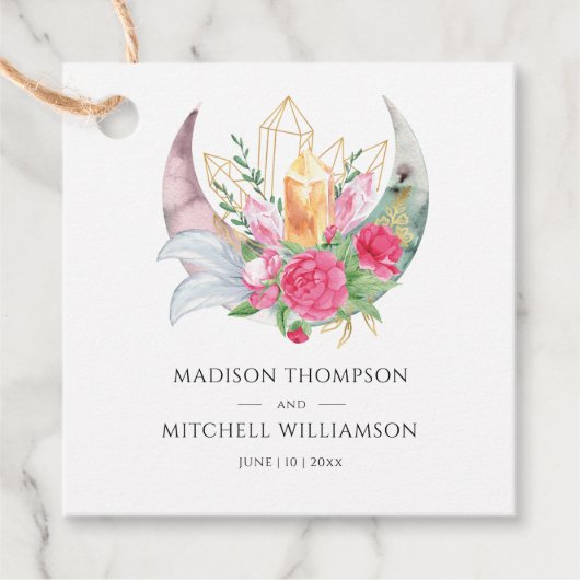 Boho Maan Kristallen Veren Roze Bloemen Bruiloft Bedankjes Labels (Voorkant)