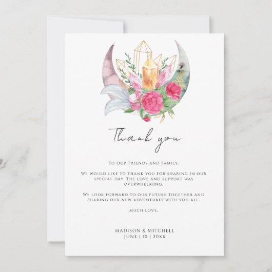 Boho Maan Kristallen Veren Roze Bloemen Bruiloft Bedankkaart (Voorkant)