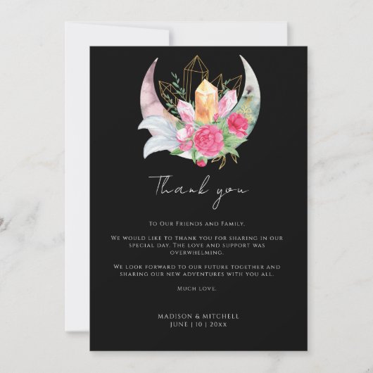 Boho Maan Kristallen Veren Roze Bloemen Bruiloft Bedankkaart (Voorkant)