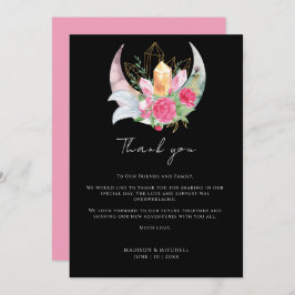 Boho Maan Kristallen Veren Roze Bloemen Bruiloft Bedankkaart