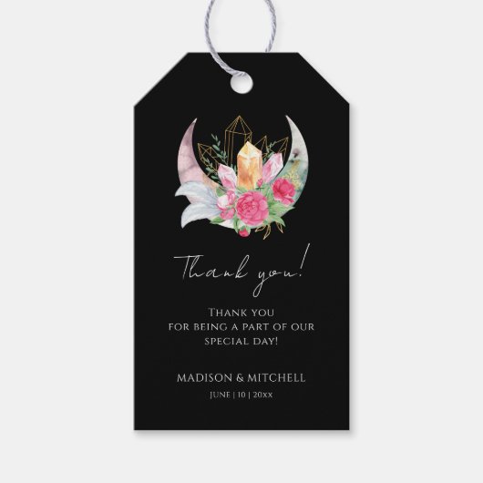 Boho Maan Kristallen Veren Roze Bloemen Bruiloft Cadeaulabel (Voorkant)