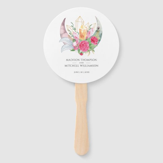 Boho Maan Kristallen Veren Roze Bloemen Bruiloft Handwaaier (Voorkant)